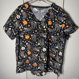 Serene Uniforms Halloween Scrub Top Womens XXLARGE Black Cat Skull Pumpkin Bones
